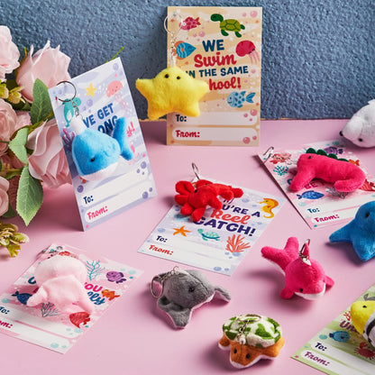 28 Mini Sea Animal Plush Keychains with Pull-Back Car Toys - Classroom Exchange Gifts