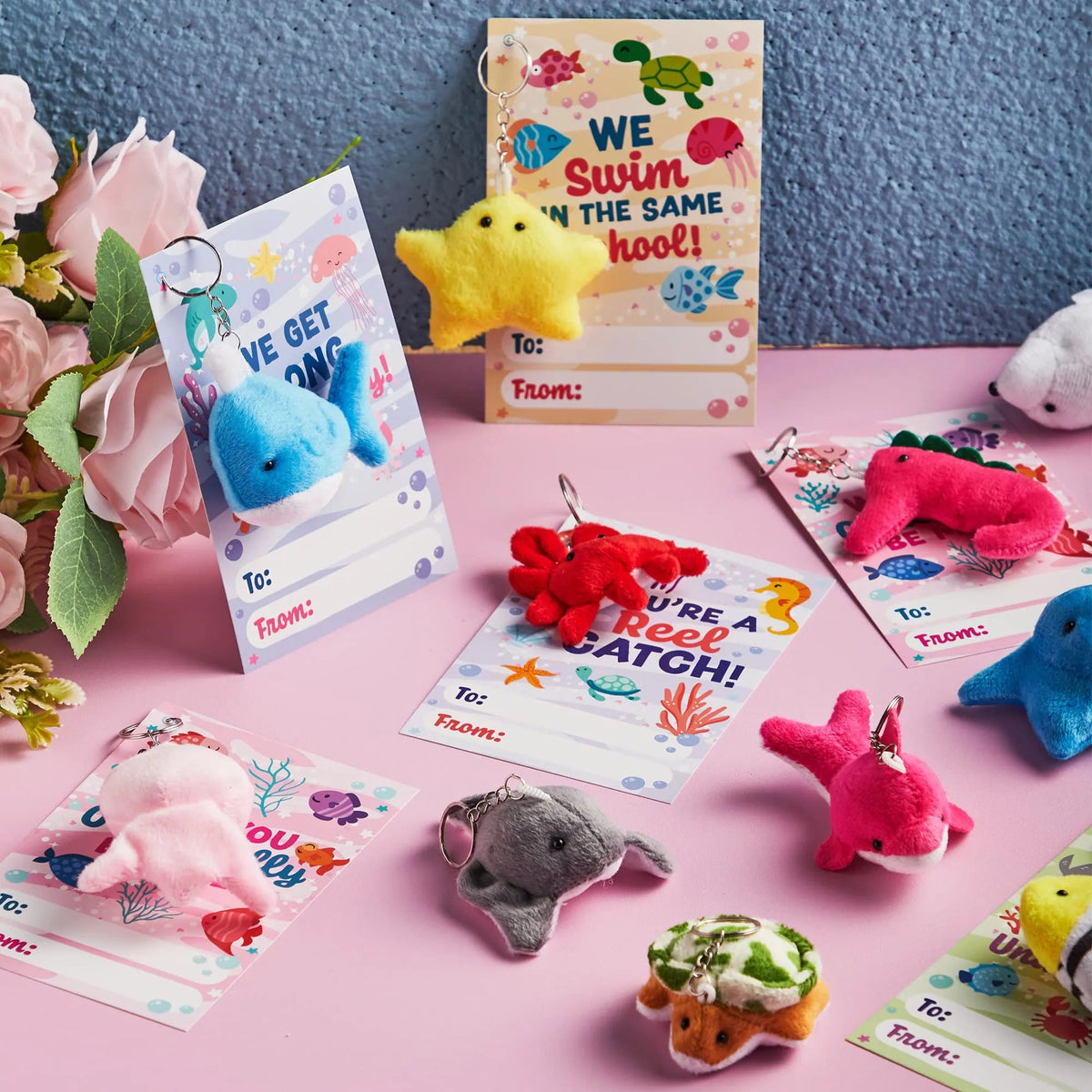 28 Mini Sea Animal Plush Keychains with Pull-Back Car Toys - Classroom Exchange Gifts