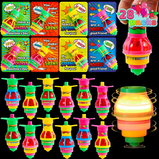 28 Light-Up Spinning Tops with Valentine's Exchange Cards for Kids