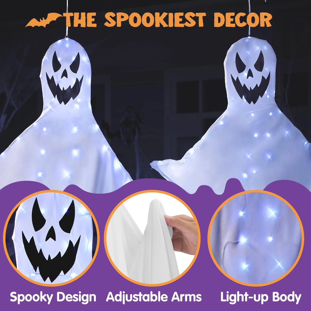 2-Pack 55-Inch Halloween Light-Up Hanging Ghost Windsock with 80 White Lights