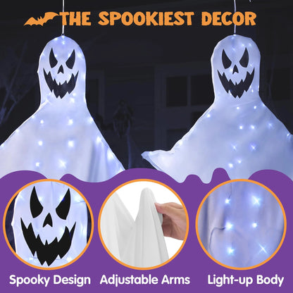 2-Pack 55-Inch Halloween Light-Up Hanging Ghost Windsock with 80 White Lights