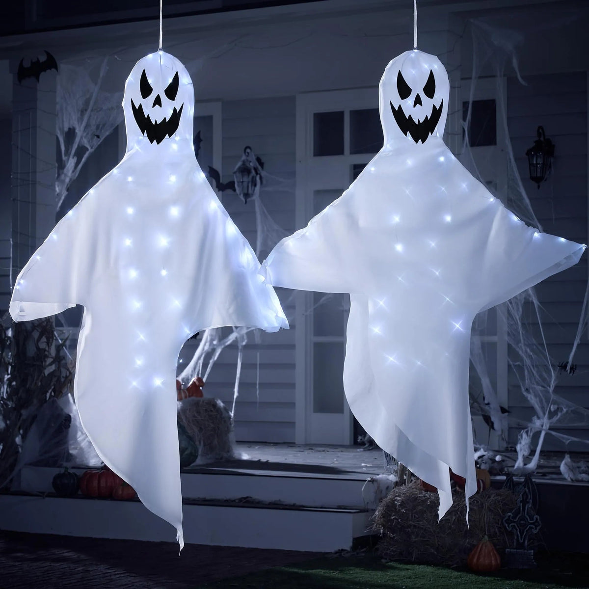 2-Pack 55-Inch Halloween Light-Up Hanging Ghost Windsock with 80 White Lights