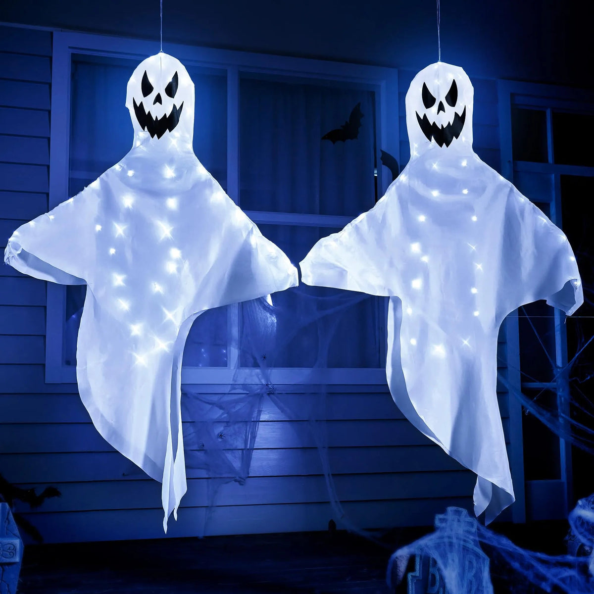 2-Pack 55-Inch Halloween Light-Up Hanging Ghost Windsock with 80 White Lights