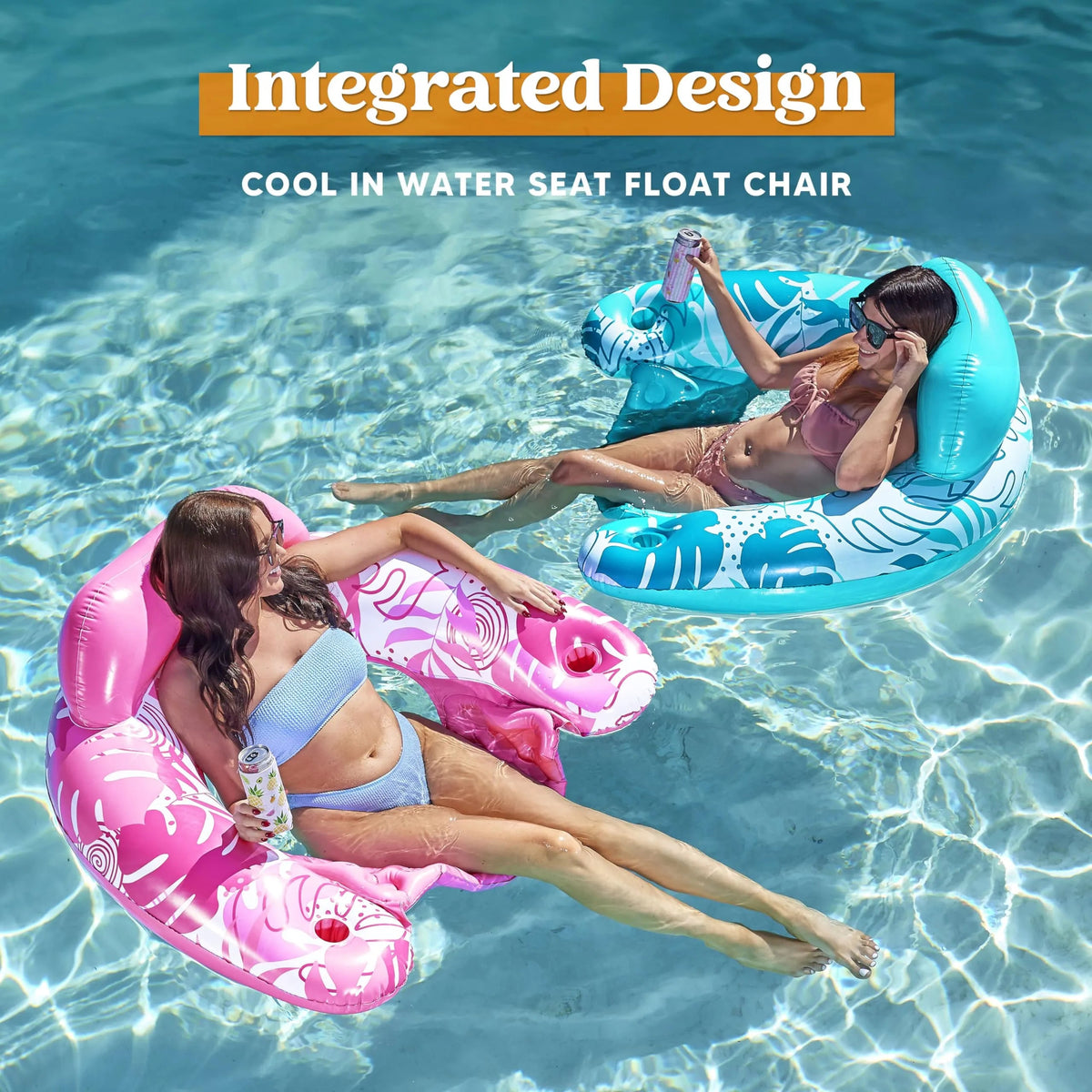2 Pack Inflatable Pool Chairs with Cup Holders - Blow Up Floating Pool Floats