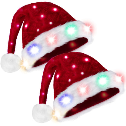 2 Pack Light-Up Santa Elf Hats for Adults with Pom Poms and Colorful Lights