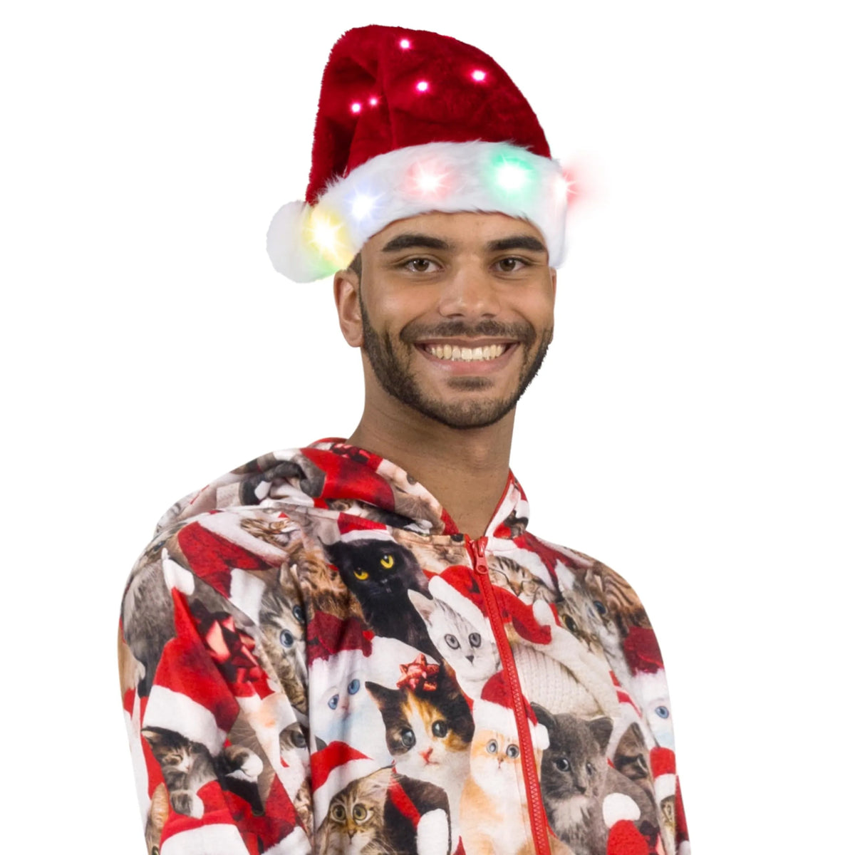 2 Pack Light-Up Santa Elf Hats for Adults with Pom Poms and Colorful Lights