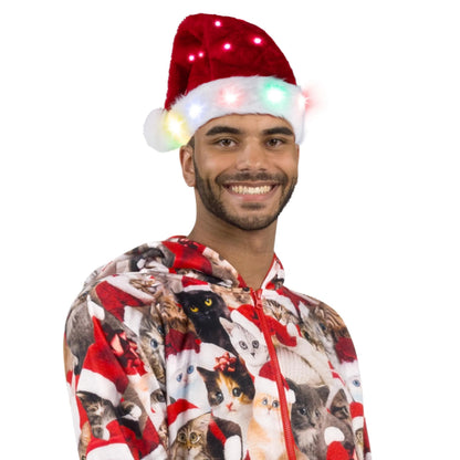 2 Pack Light-Up Santa Elf Hats for Adults with Pom Poms and Colorful Lights