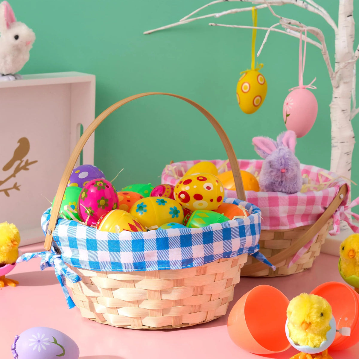 Set of 2 Easter Bamboo Woven Baskets with Handles for Party Treats and Picnics