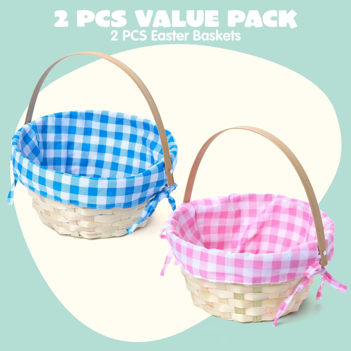Set of 2 Easter Bamboo Woven Baskets with Handles for Party Treats and Picnics