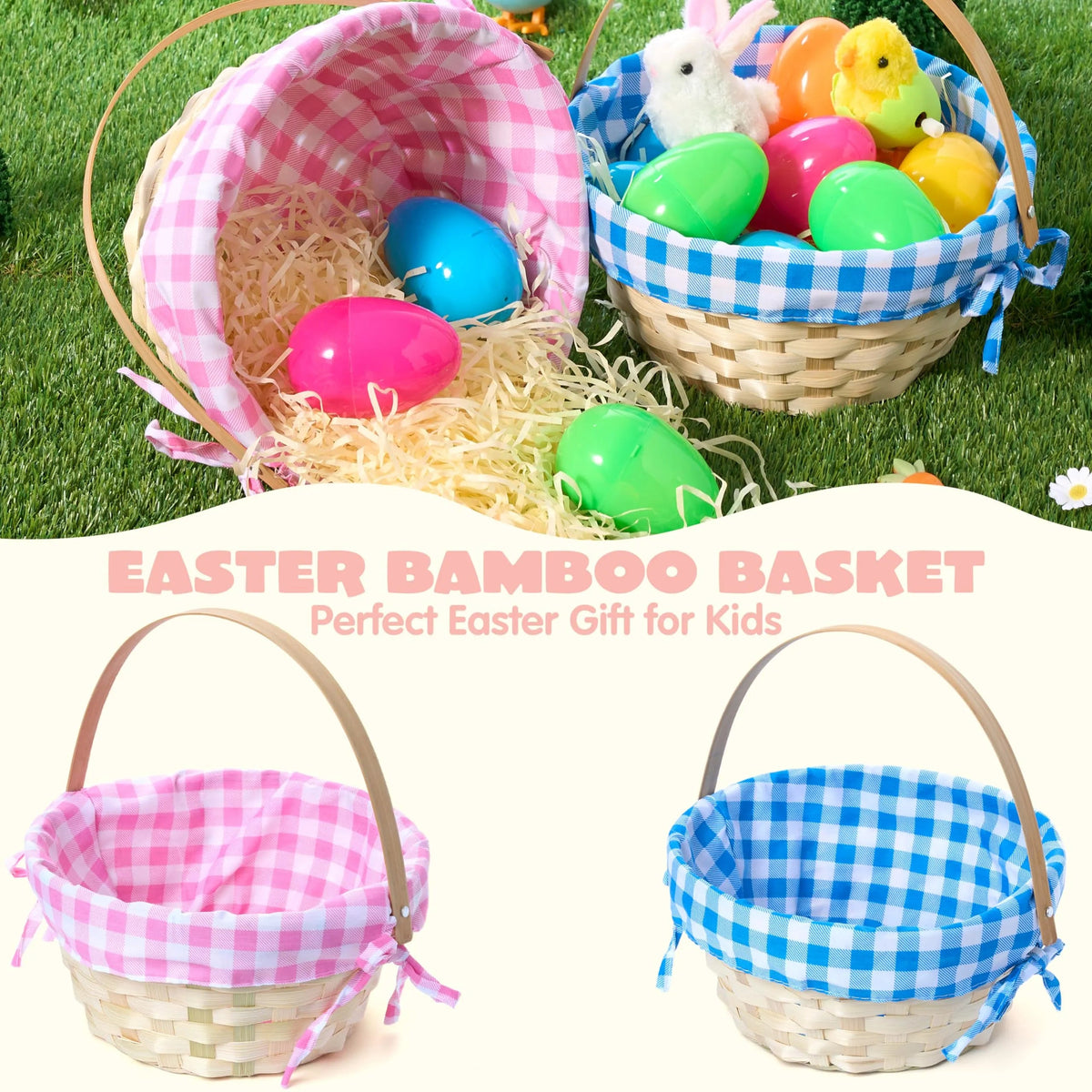 Set of 2 Easter Bamboo Woven Baskets with Handles for Party Treats and Picnics