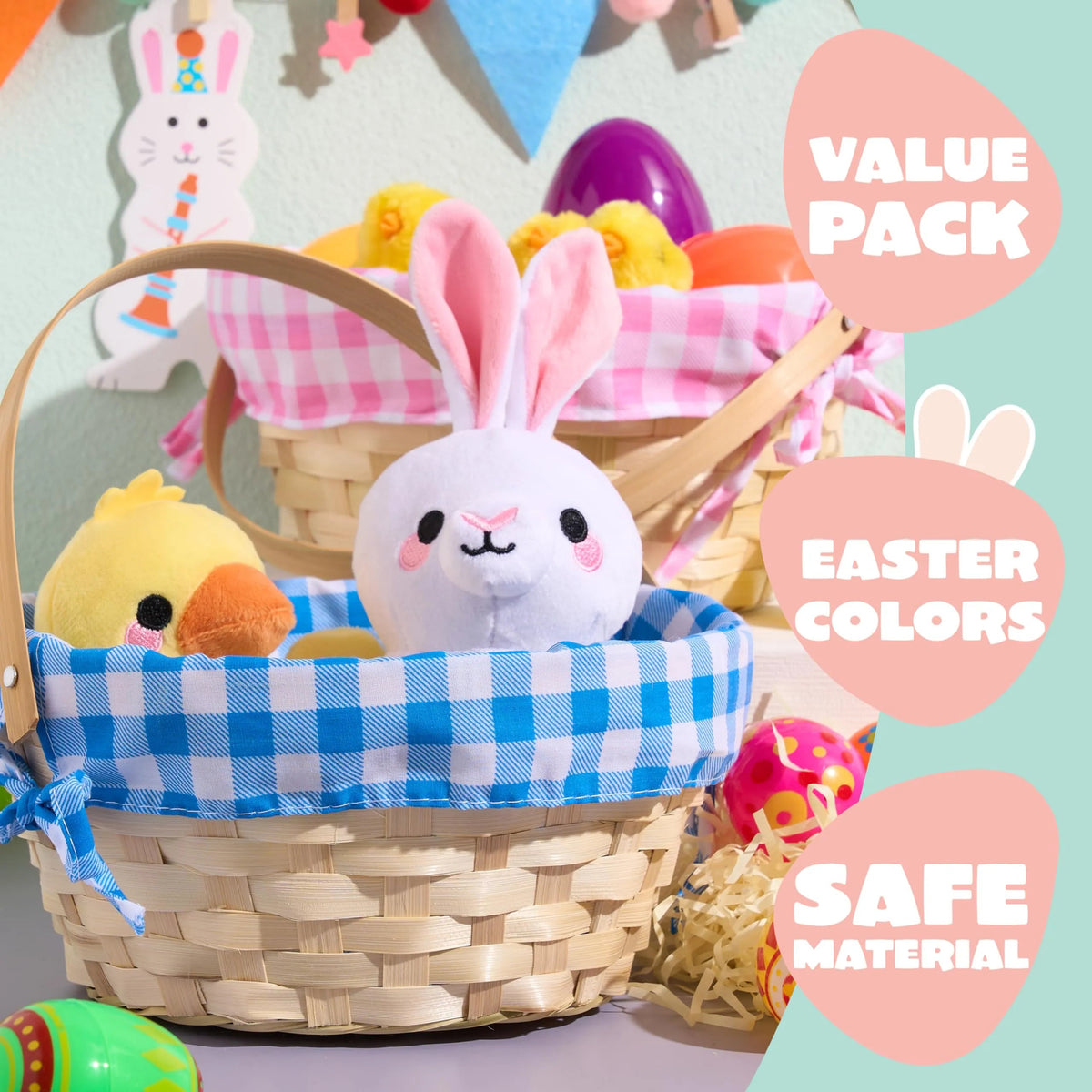 Set of 2 Easter Bamboo Woven Baskets with Handles for Party Treats and Picnics