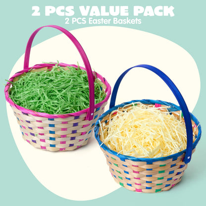Set of 2 Easter Blue & Pink Round Bamboo Woven Baskets with Folding Handles