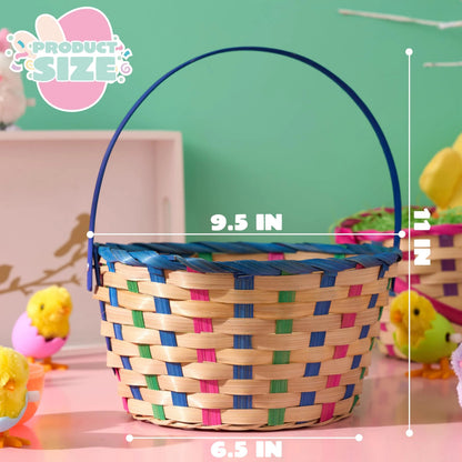 Set of 2 Easter Blue & Pink Round Bamboo Woven Baskets with Folding Handles