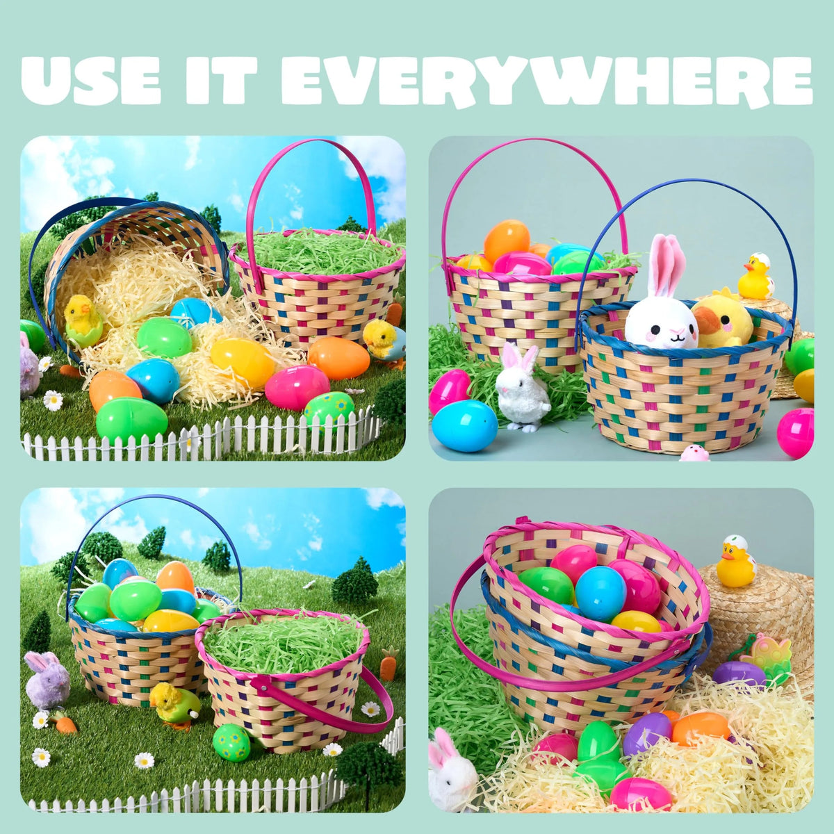 Set of 2 Easter Blue & Pink Round Bamboo Woven Baskets with Folding Handles