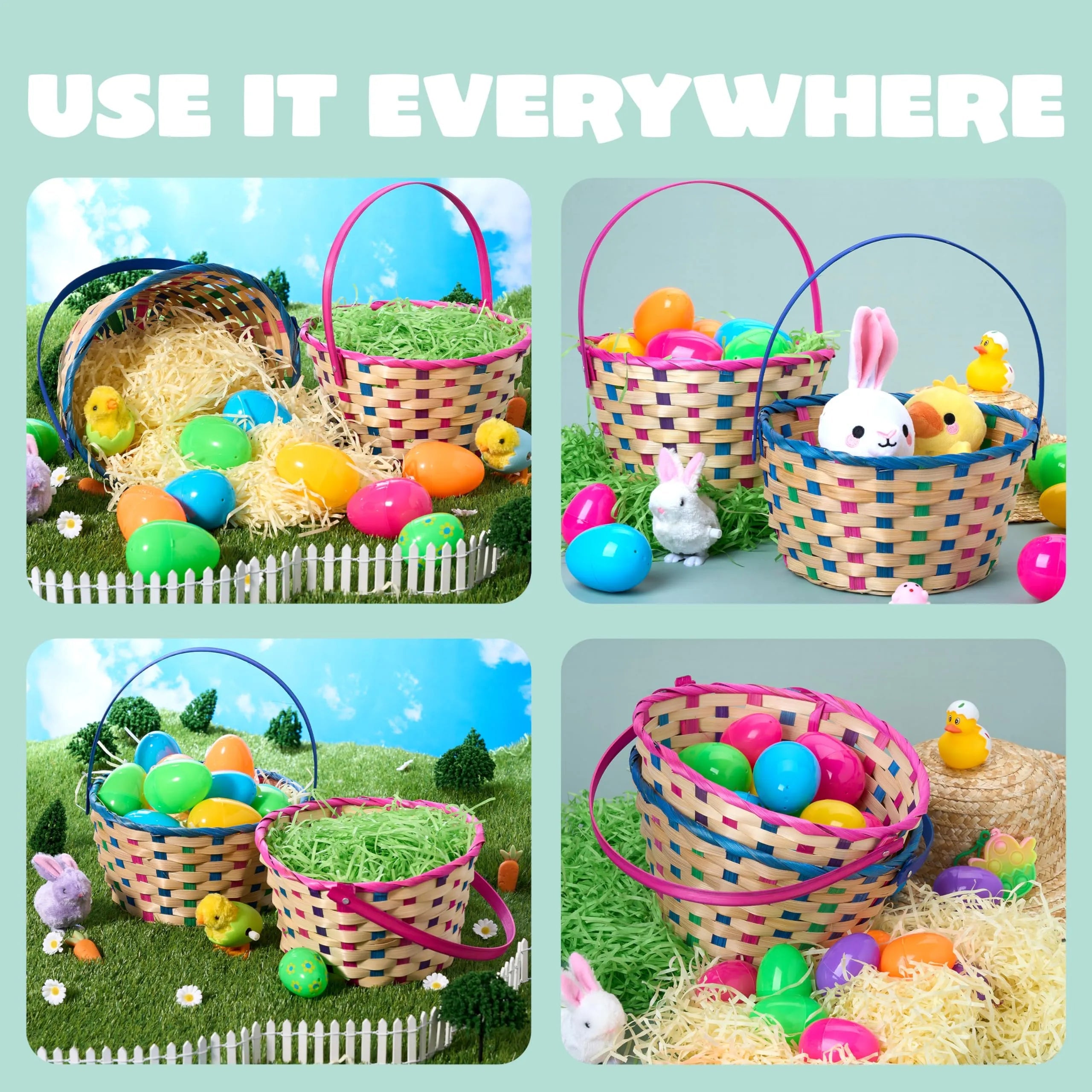 Set of 2 Easter Blue & Pink Round Bamboo Woven Baskets with Folding Handles