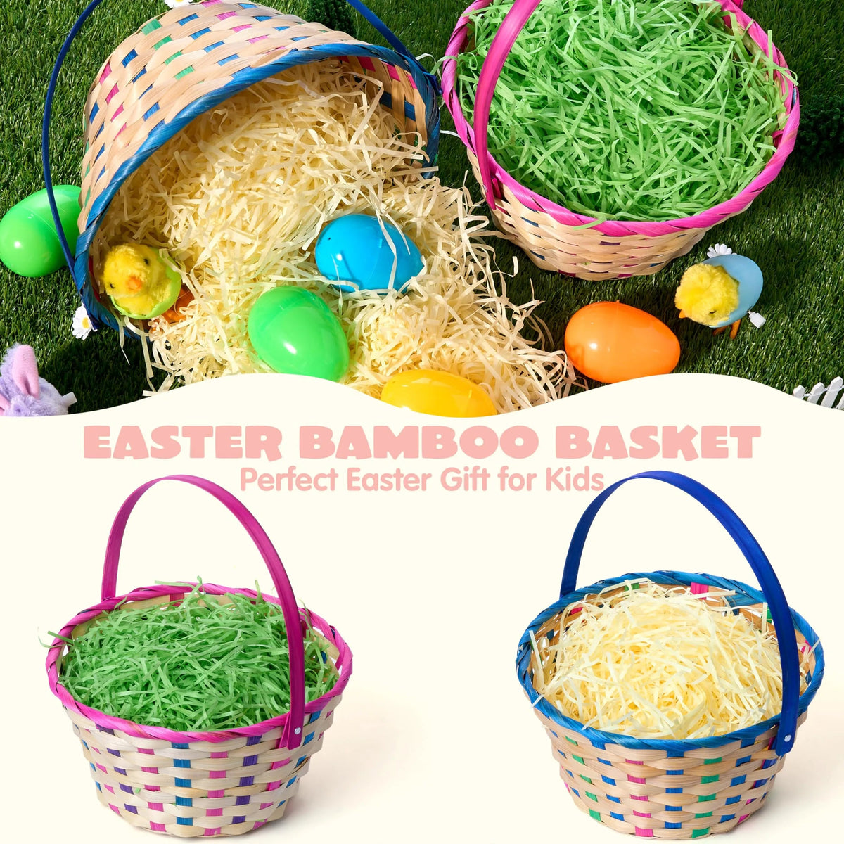 Set of 2 Easter Blue & Pink Round Bamboo Woven Baskets with Folding Handles