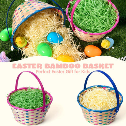 Set of 2 Easter Blue & Pink Round Bamboo Woven Baskets with Folding Handles