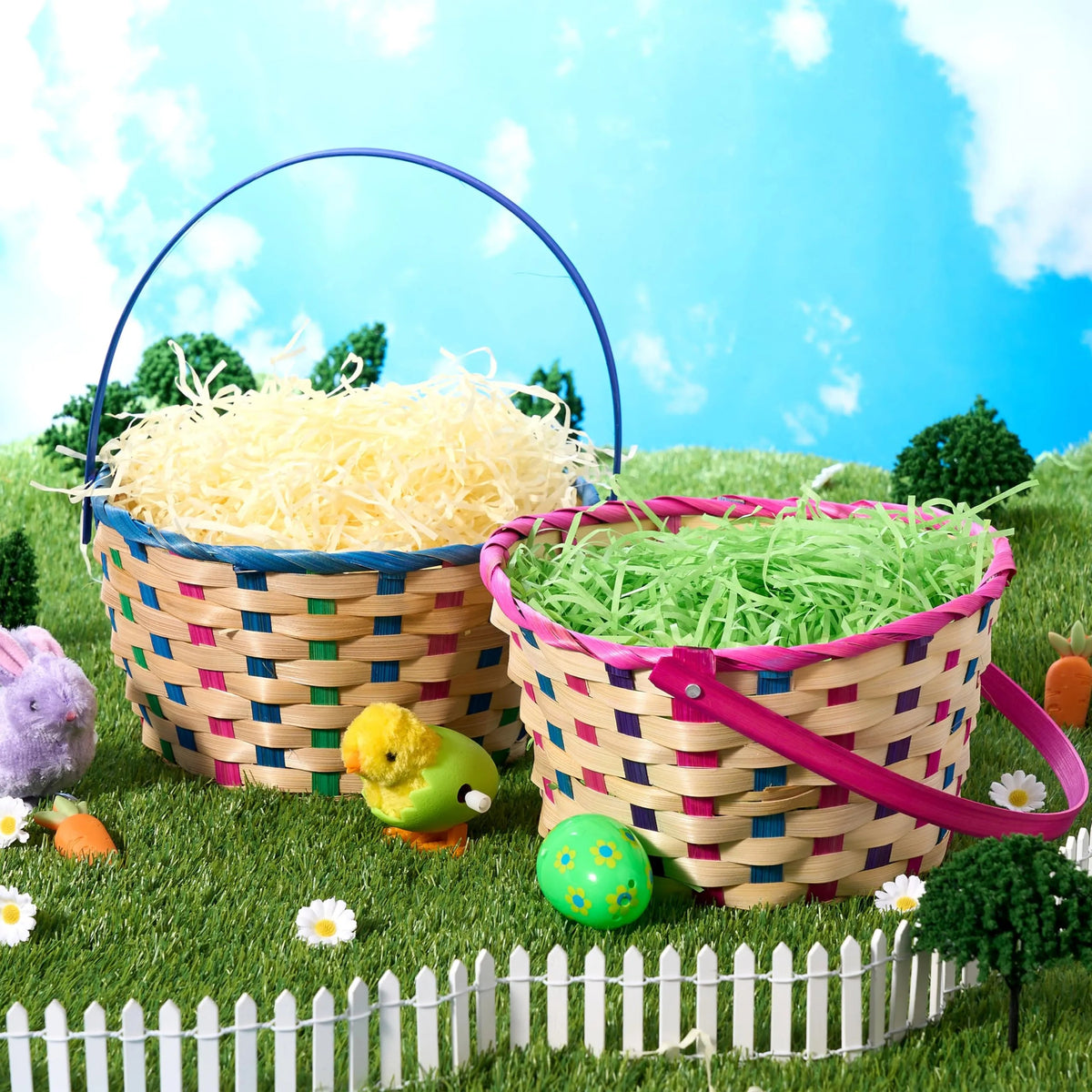 Set of 2 Easter Blue & Pink Round Bamboo Woven Baskets with Folding Handles
