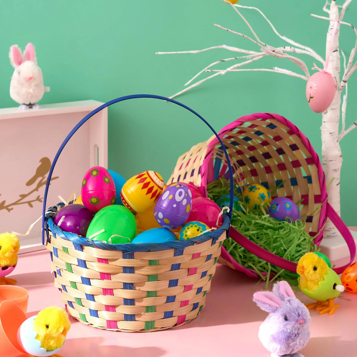 Set of 2 Easter Blue & Pink Round Bamboo Woven Baskets with Folding Handles