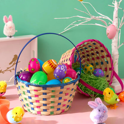 Set of 2 Easter Blue & Pink Round Bamboo Woven Baskets with Folding Handles