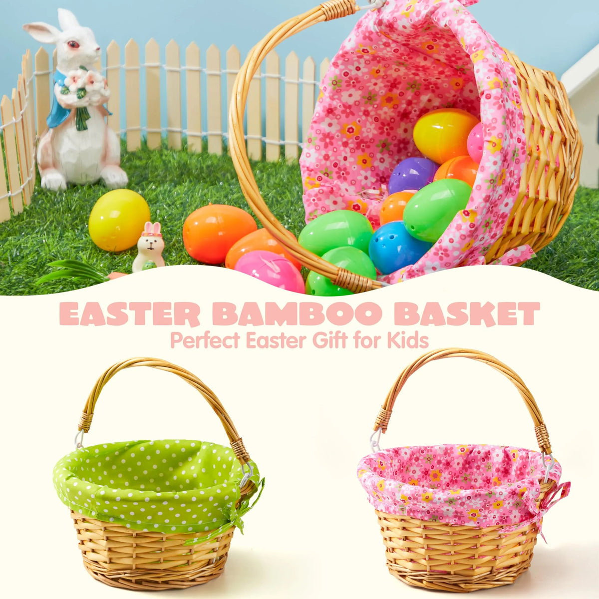 2-Pack Easter Rattan Wicker Baskets with Liners for Kids' Egg Hunt & Picnic
