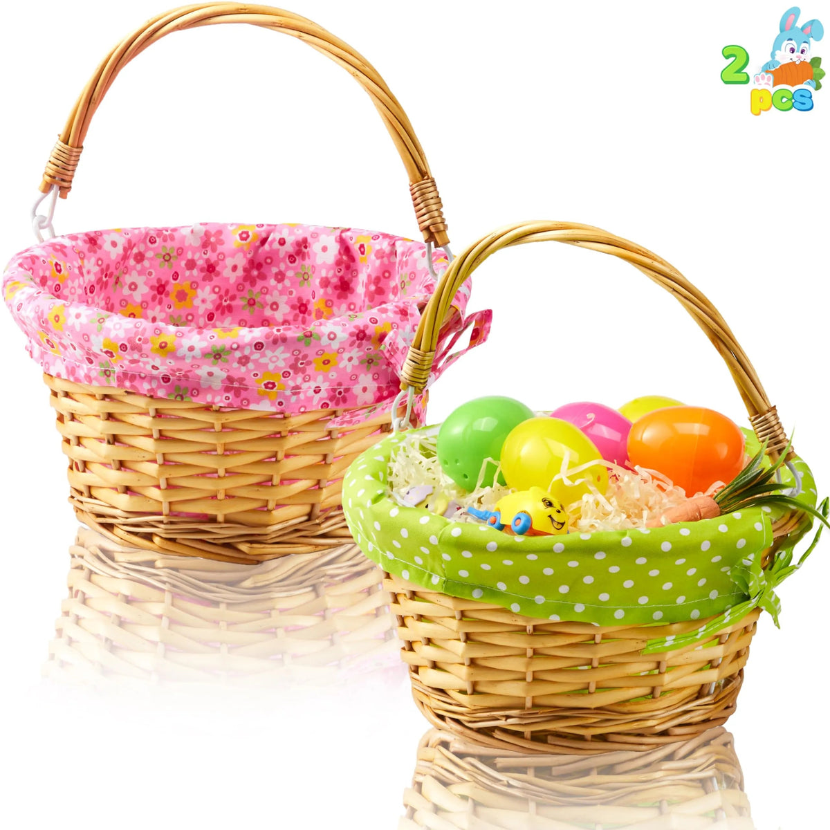 2-Pack Easter Rattan Wicker Baskets with Liners for Kids' Egg Hunt & Picnic