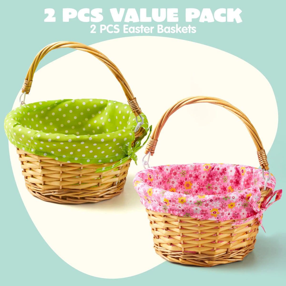 2-Pack Easter Rattan Wicker Baskets with Liners for Kids' Egg Hunt & Picnic