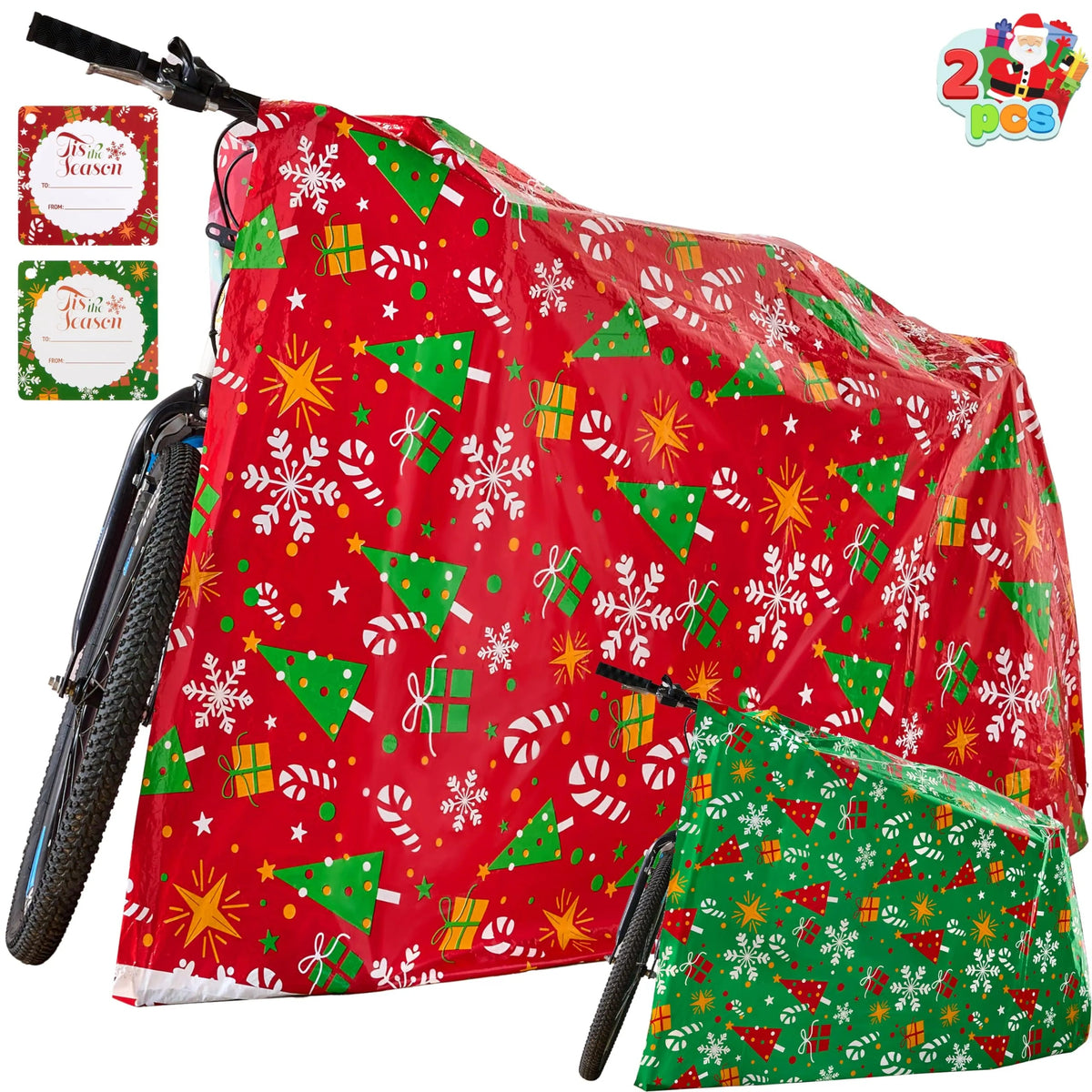 2-Pack Jumbo Christmas Bike Gift Bags - 72 x 60 Inch Plastic Holiday Gift Bags