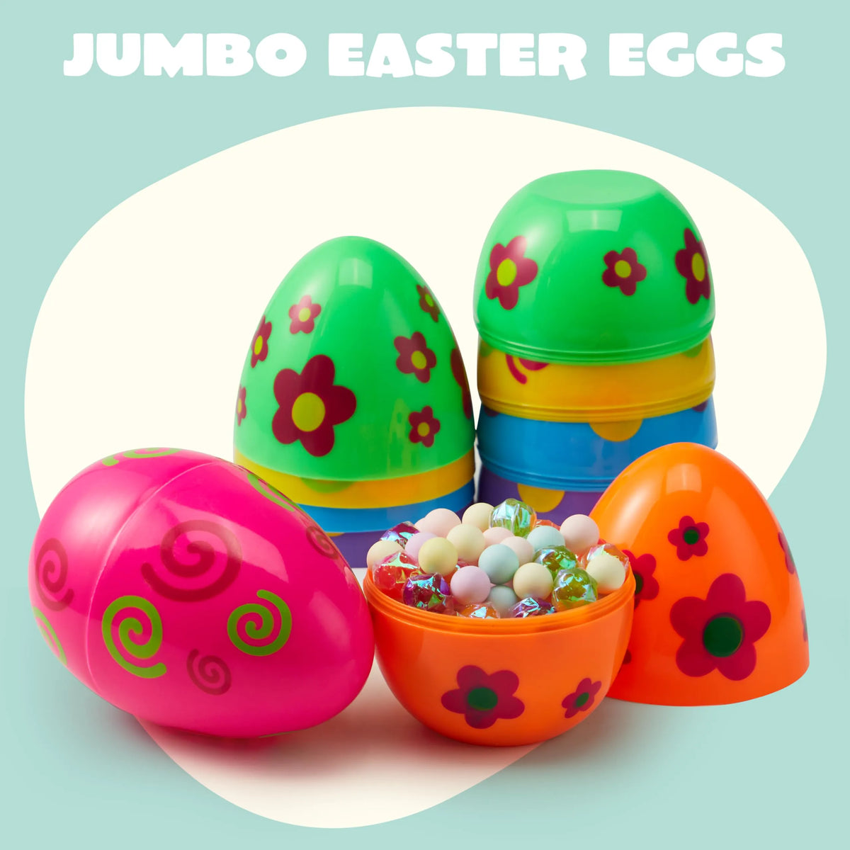 6 Large Printed Easter Eggs - 6 Inch Jumbo Plastic Fillable Eggs for Easter Hunt
