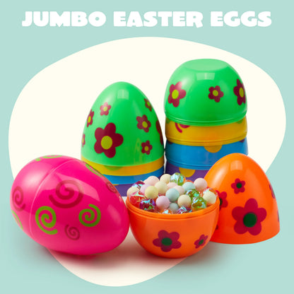 6 Large Printed Easter Eggs - 6 Inch Jumbo Plastic Fillable Eggs for Easter Hunt