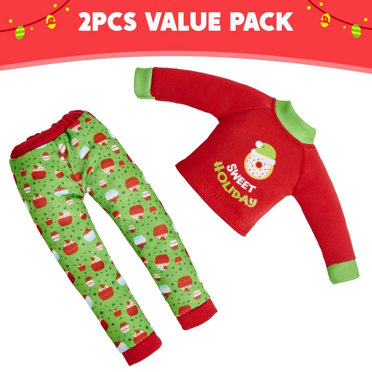 2 Pack Santa Ugly Sweaters for Dolls - Cupcakes and Donuts Themed Naughty Pajamas