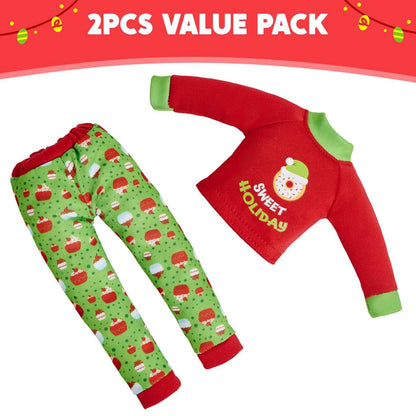 2 Pack Santa Ugly Sweaters for Dolls - Cupcakes and Donuts Themed Naughty Pajamas