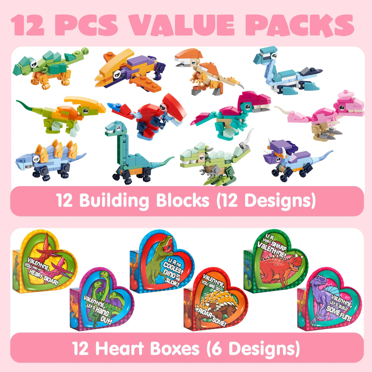 12-Pack Valentine's Dinosaur Building Blocks with Heart Boxes for Party Favors
