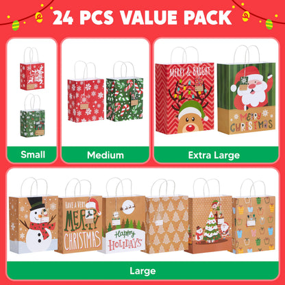 24-Pack Christmas White Kraft Gift Bags