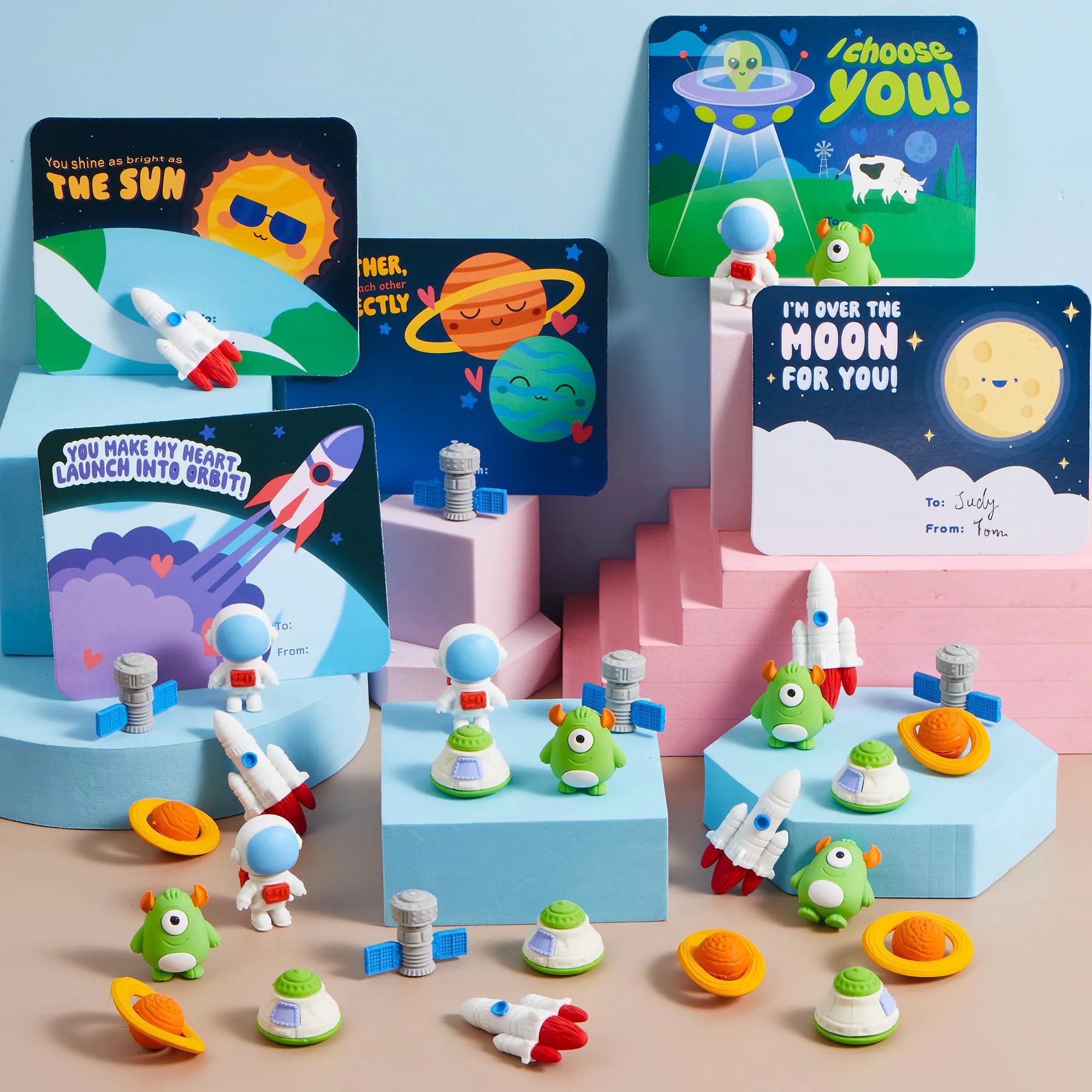 30 Space-Themed Valentine's Cards with Erasers for Party Favors