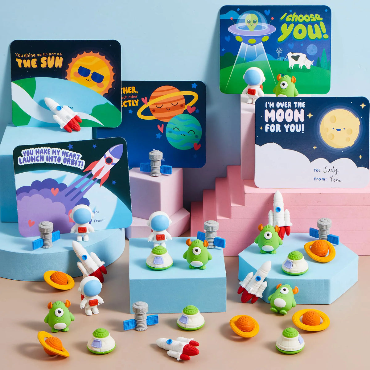 30 Space-Themed Valentine's Cards with Erasers for Party Favors