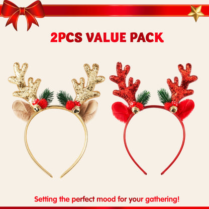 2 Pack Gold & Red Reindeer Headbands with Glitter