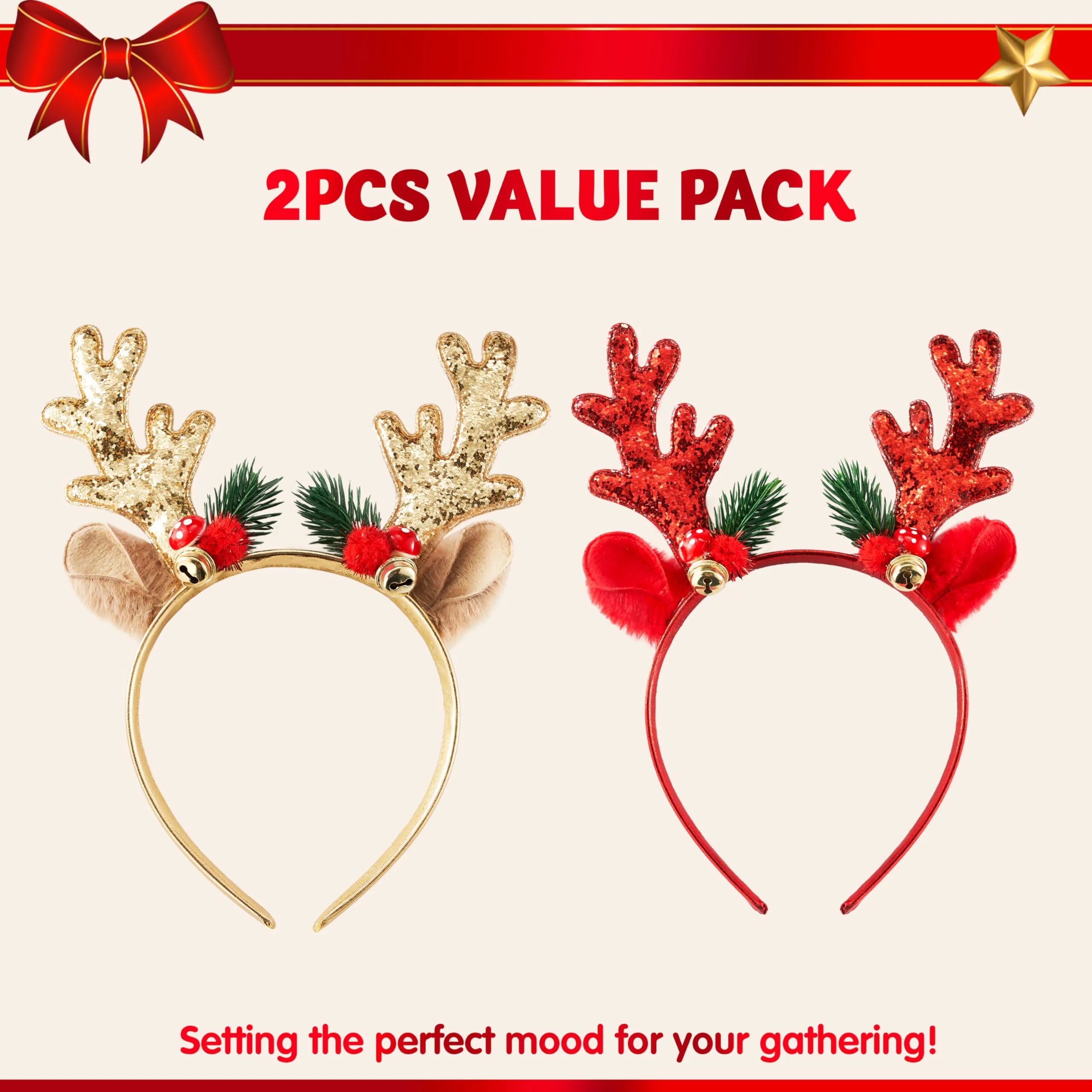 2 Pack Gold & Red Reindeer Headbands with Glitter