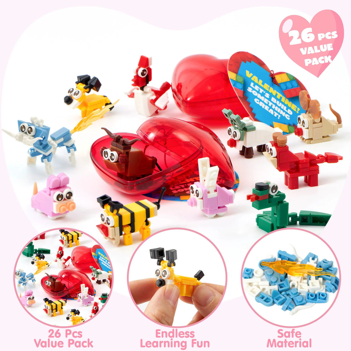 26-Piece Animal Building Blocks with Prefilled Hearts and Kids' Valentine Cards
