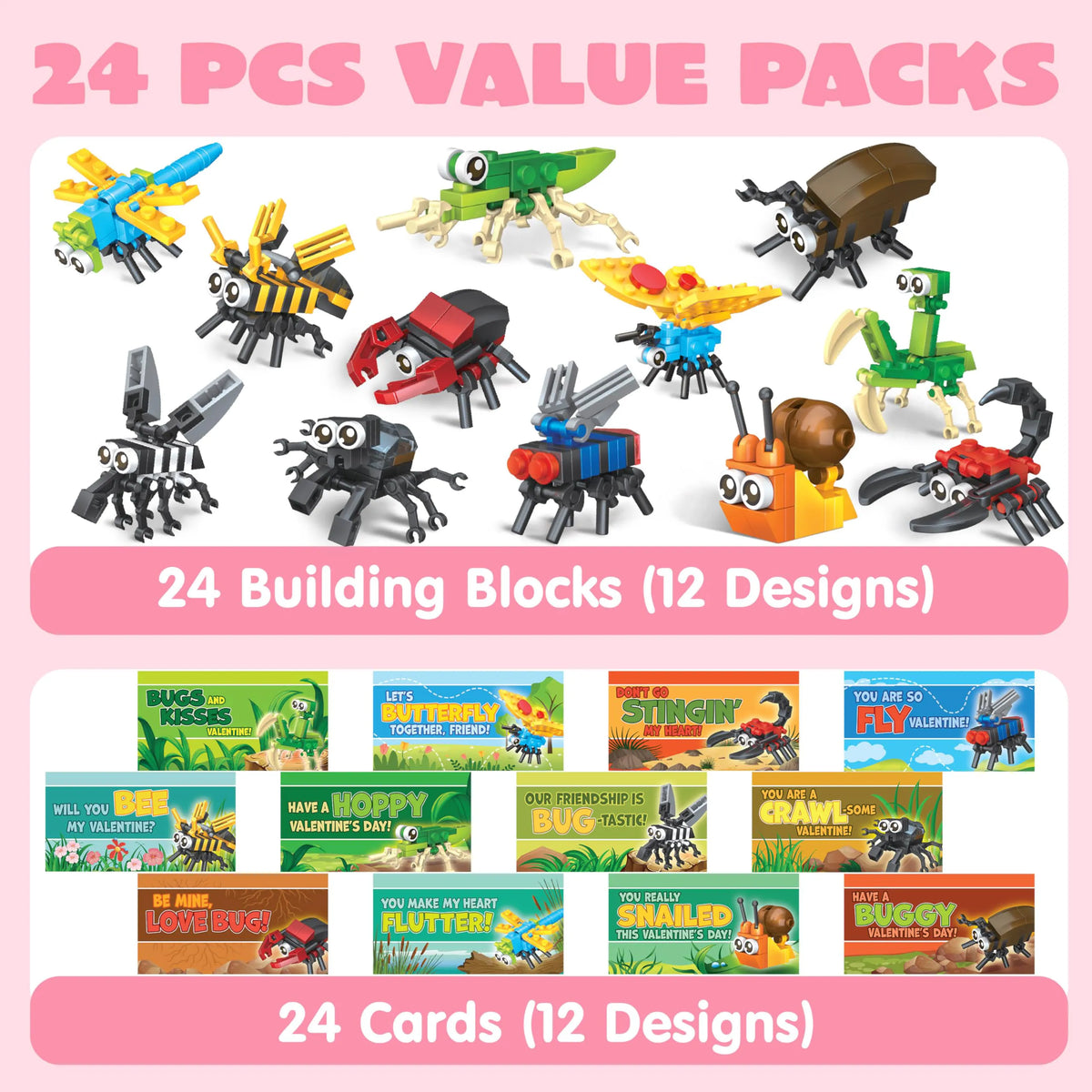 24 Pack Valentine's Day Building Block Party Favor Cards