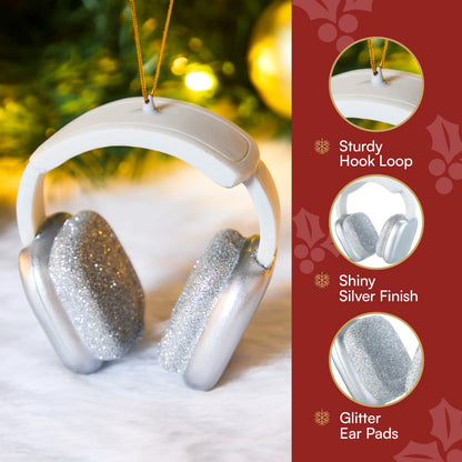 Mini Christmas Headphone Ornament in Silver and White