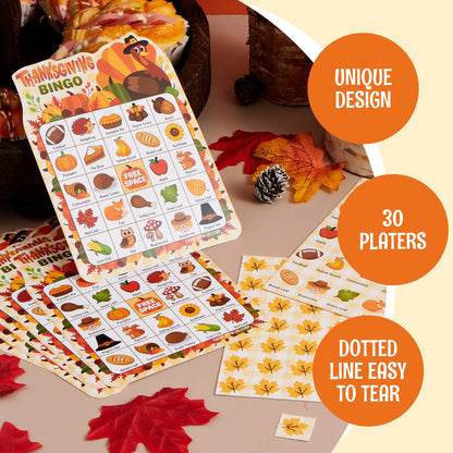 30 PCS Thanksgiving Bingo Cards for Kids and Family Activities