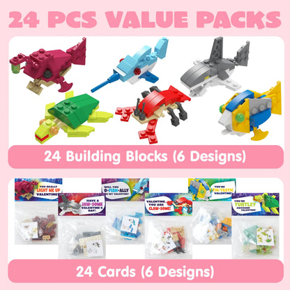 24 Pack Valentine's Day Cards with Sea Animal Building Blocks for Gifts and Party Favors