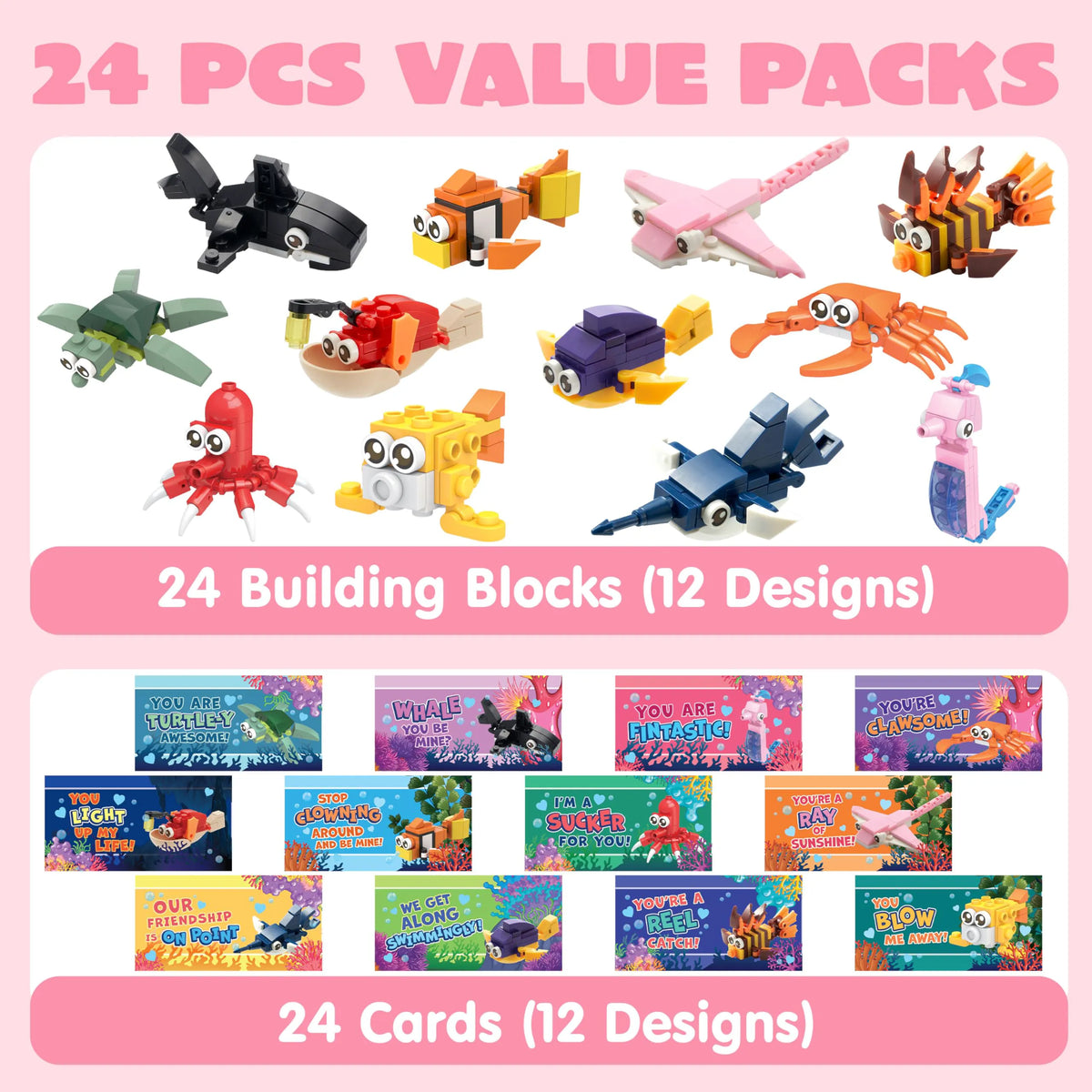 24 Pack Valentine's Day Cards with Ocean Animal Building Blocks for Party Gifts