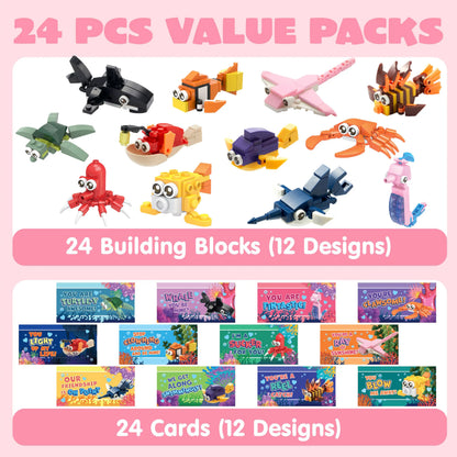 24 Pack Valentine's Day Cards with Ocean Animal Building Blocks for Party Gifts