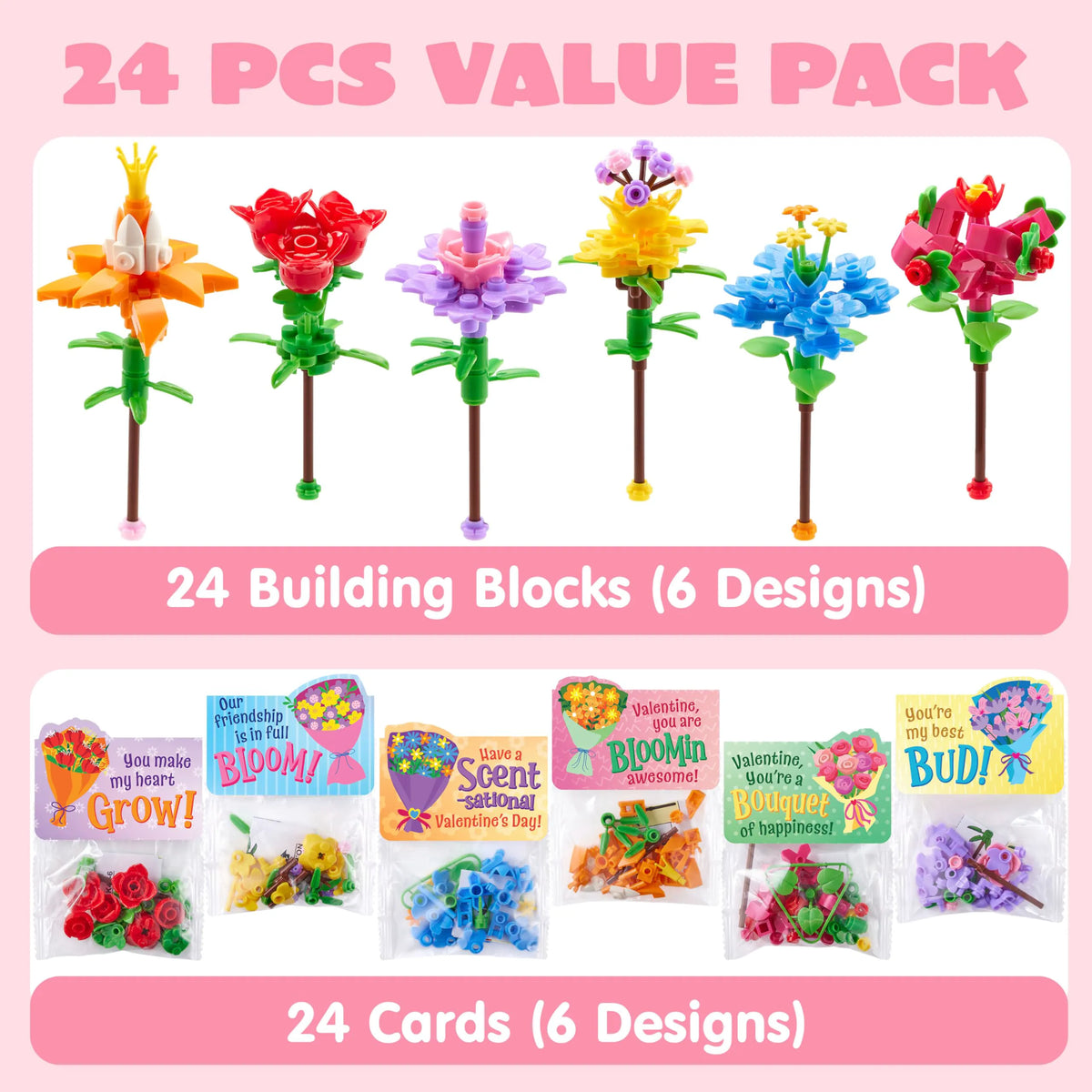 24 Pcs Valentine's Day Flower Bouquet Building Blocks with Cards