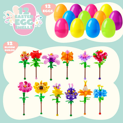 12 Prefilled Easter Eggs with Flower Building Blocks for Kids Egg Hunt