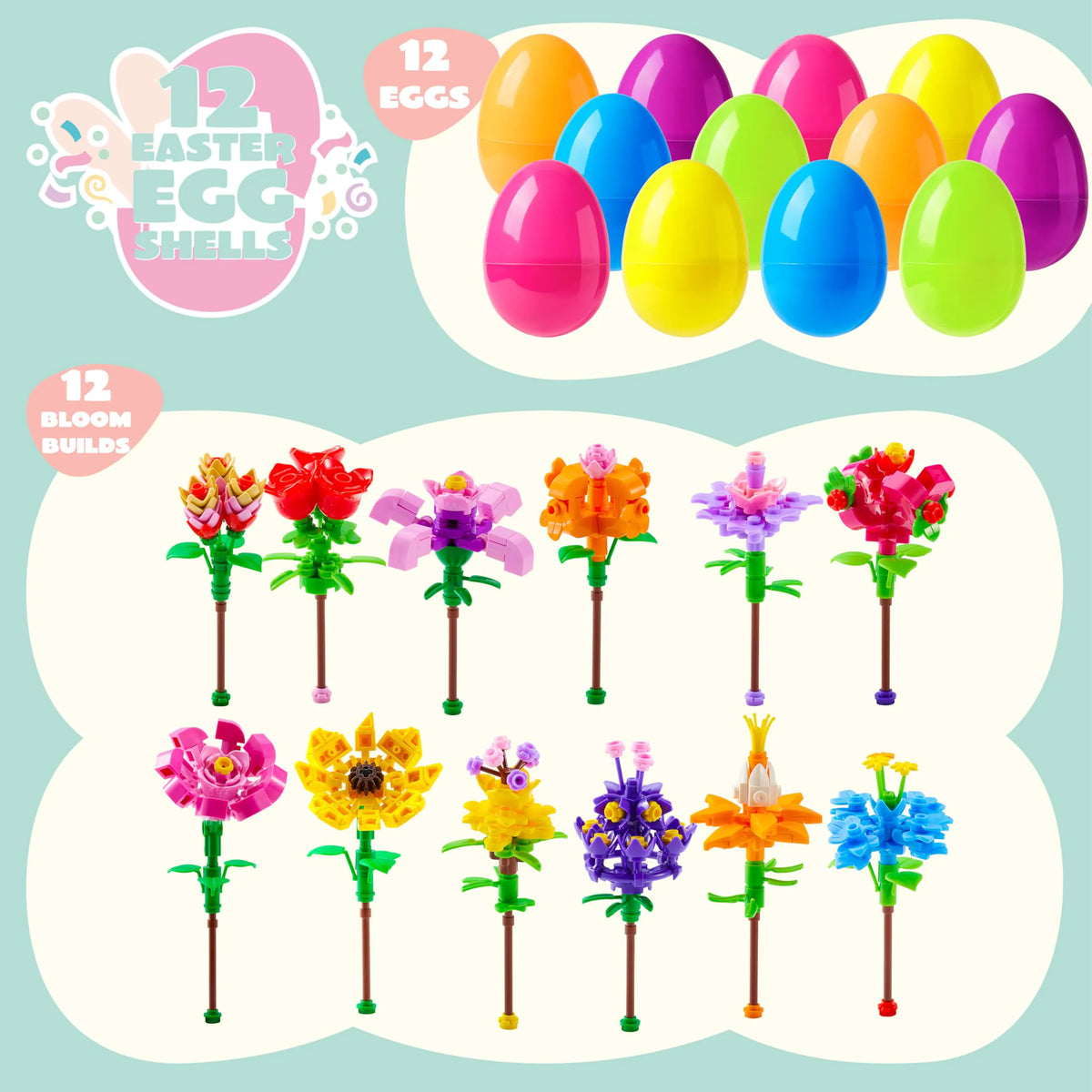 12 Prefilled Easter Eggs with Flower Building Blocks for Kids Egg Hunt