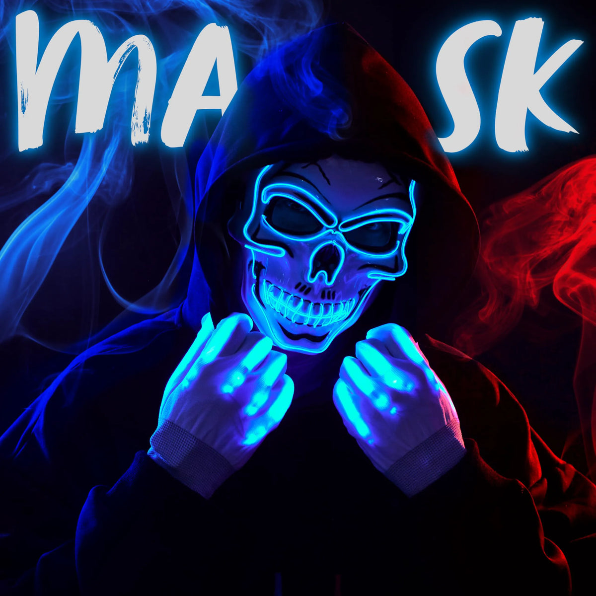 Halloween LED Skull Mask & Light-Up Gloves (Blue)