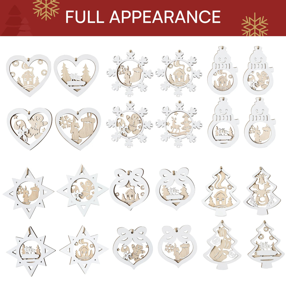 24-Piece Set of Wooden Carved Christmas Hanging Ornaments for Holiday Decor